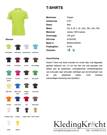 Productinformatie voor T-shirts in verschillende kleuren en maten, inclusief beschrijving.