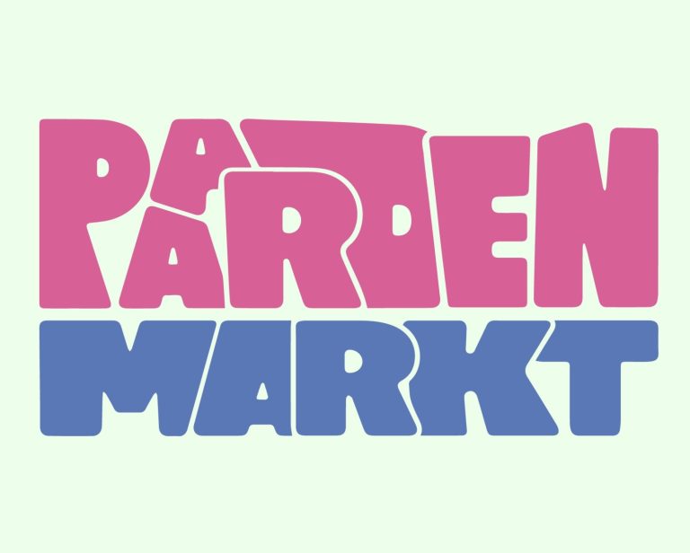 Vrolijke tekst "PARENDEN MARKT" in roze en blauwe letters op een lichte achtergrond.