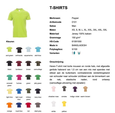 T-shirt met maten, kleuren en materialen, inclusief productinformatie.
