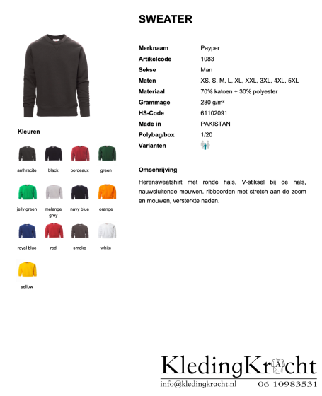 Zwart sweatshirt met kleurmogelijkheden en maten. Specificaties en prijzen vermeld.