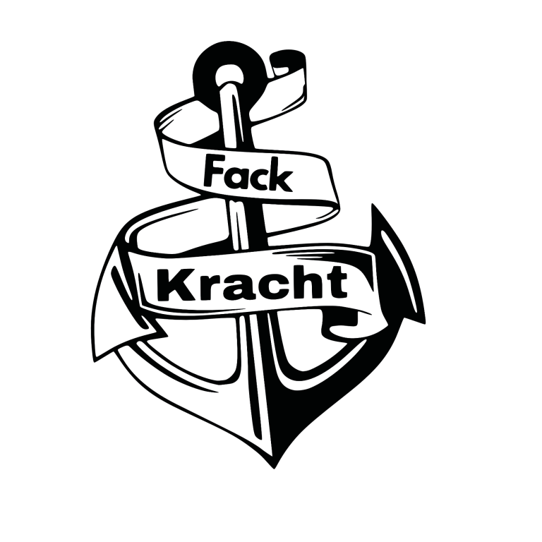 Zwart-witte tekening van een anker met de teksten "Fack" en "Kracht".