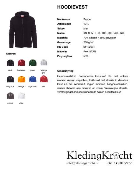 Beschrijving van een hoodie, met kleurstalen en specificaties, van het merk KledingKracht.