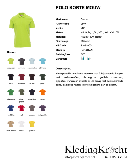 Groene polo voor heren, beschikbaar in verschillende kleuren en maten.