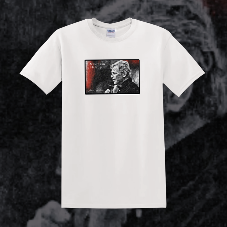 Witte T-shirt met een zwart-wit afbeelding van peter houtman  in profiel en rode accenten.