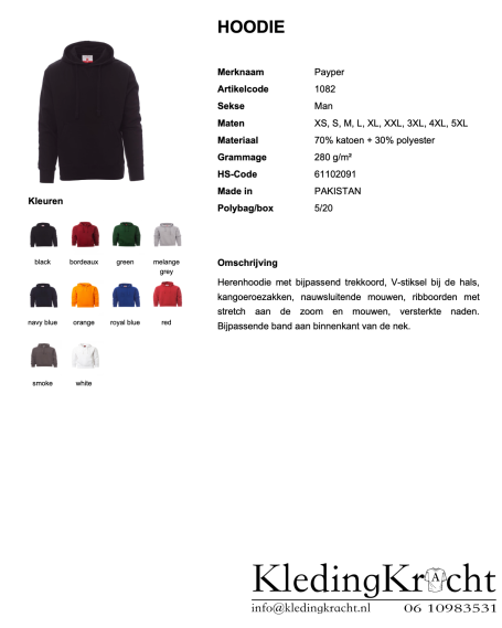 Zwarte hoodie met verschillende kleurstalen onderaan, inclusief beschrijving en maatopties.