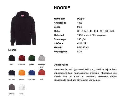 Hoodie met verschillende kleurvarianten en details over materiaal en maten.
