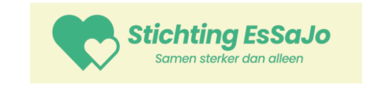 Logo van Stichting EsSaJo met hartvormige elementen en de tekst "Samen sterker dan alleen."